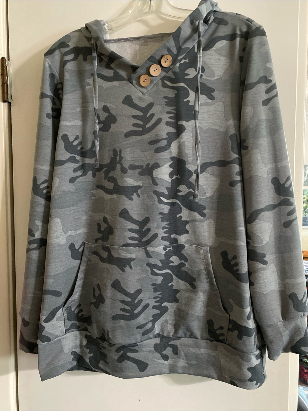 Boutique and branded Grey Camo Hooded Pullover with Wooden Button Detail